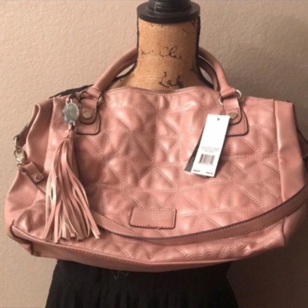 Women's Nicole Miller Quilted Pink Tote Handbag with Tassel